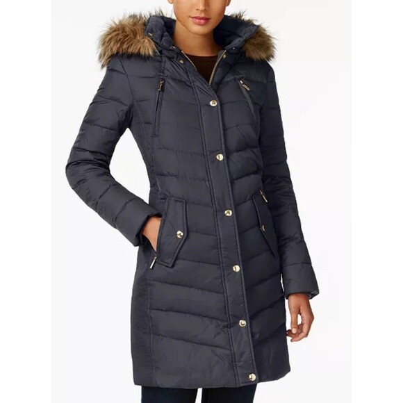 NWT Michael Kors Faux Fur Hooded Coat MK Logo Brown Down Jacket Charcoal - PS - Picture 15 of 16